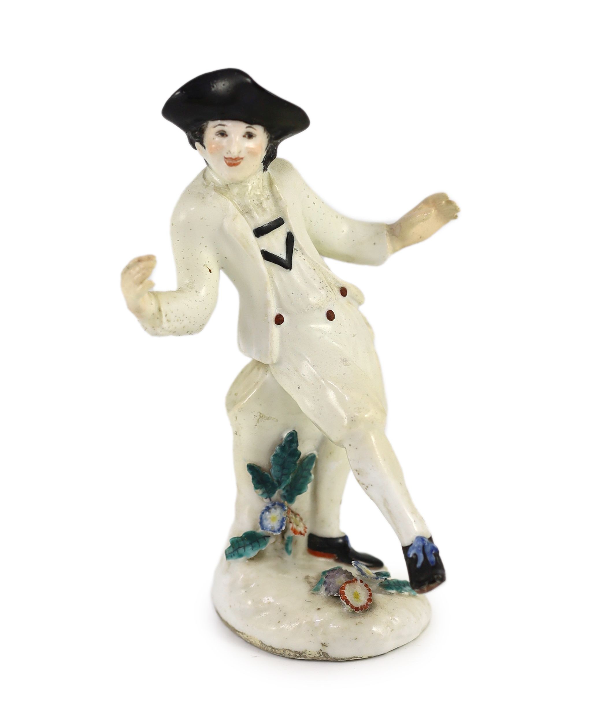 A rare Chelsea figure of a dancing peasant, c.1752-55, probably modelled by Joseph Willems, 15.5 cm high, discoloured restoration